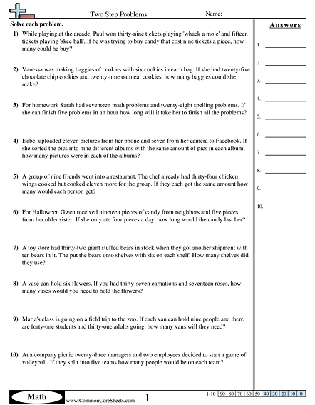 3.oa.8 Worksheets - Two Step Problems worksheet